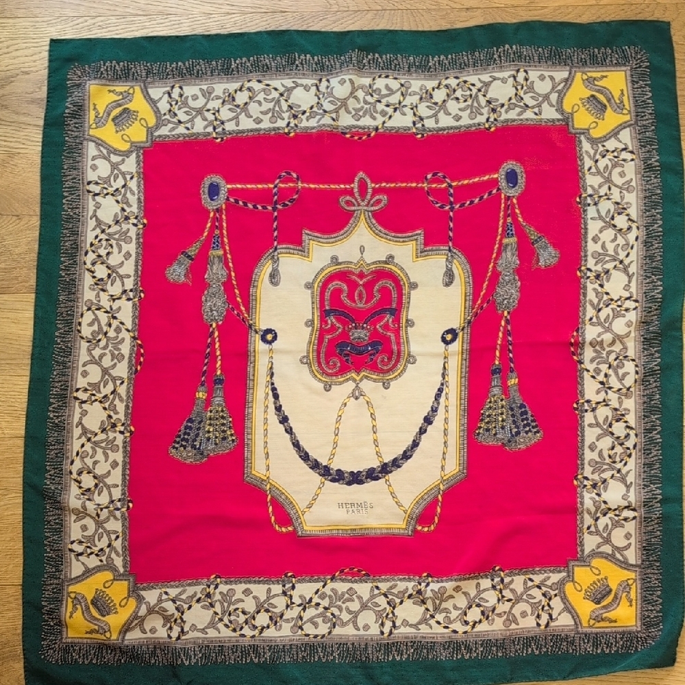 Hermes Red and Green Scarf with Ornate Crown Design